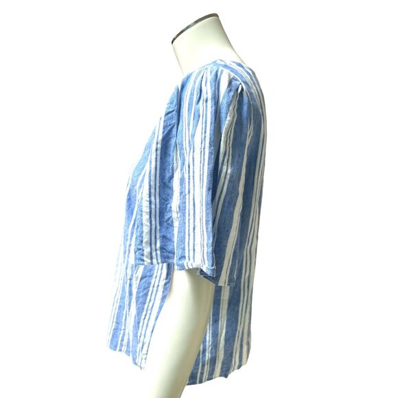 Cabi Striped Linen Blend Top S Blue & White Short Sleeve Keyhole Back - Picture 2 of 8